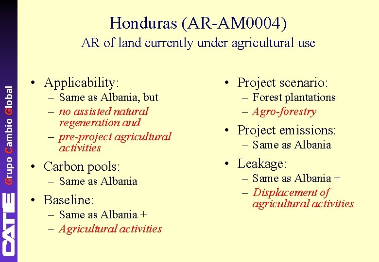 Honduras (AR-AM 0004) Grupo Cambio Global AR of land currently under agricultural use •