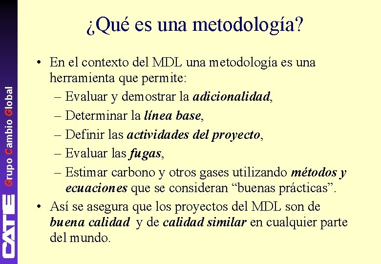 Grupo Cambio Global ¿Qué es una metodología? • En el contexto del MDL una