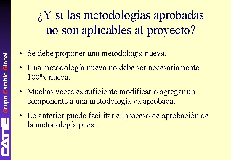 Grupo Cambio Global ¿Y si las metodologías aprobadas no son aplicables al proyecto? •