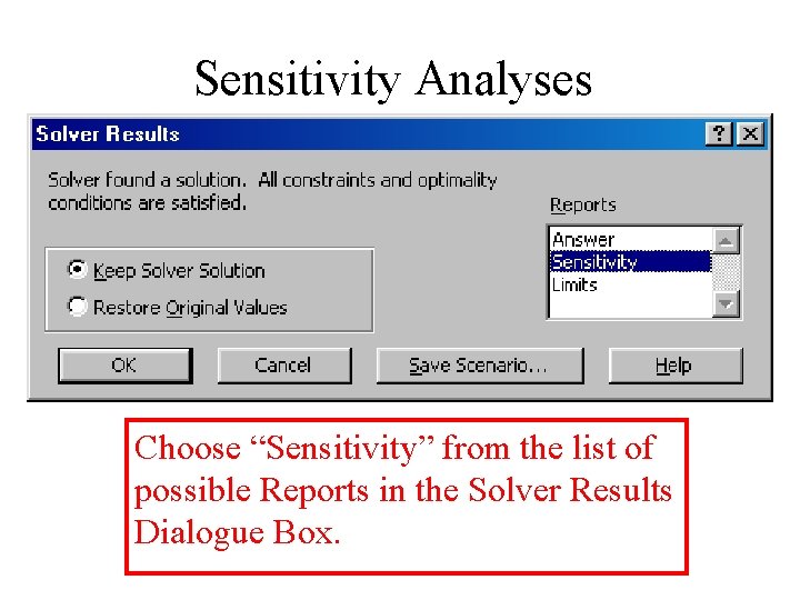 Sensitivity Analyses Choose “Sensitivity” from the list of possible Reports in the Solver Results