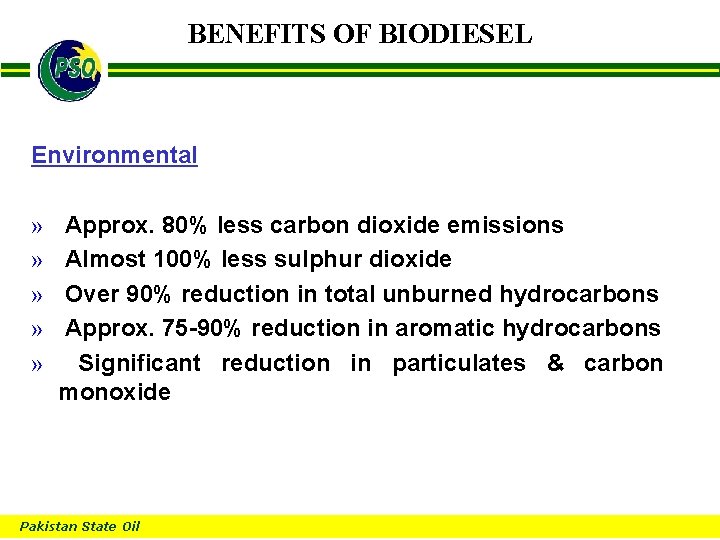 BENEFITS OF BIODIESEL B Environmental » » » Approx. 80% less carbon dioxide emissions