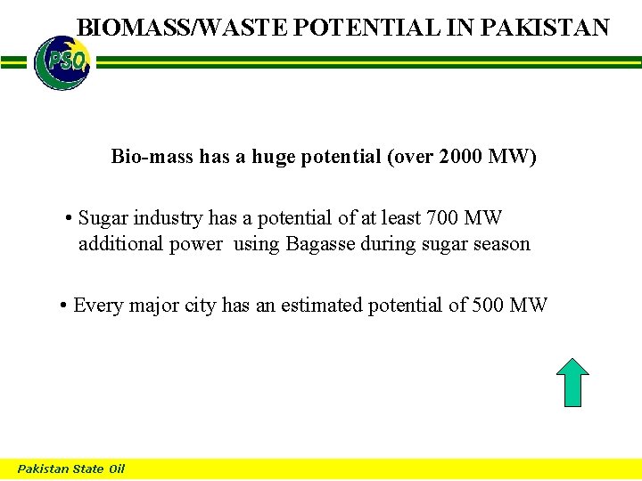 BIOMASS/WASTE POTENTIAL IN PAKISTAN B Bio-mass has a huge potential (over 2000 MW) •