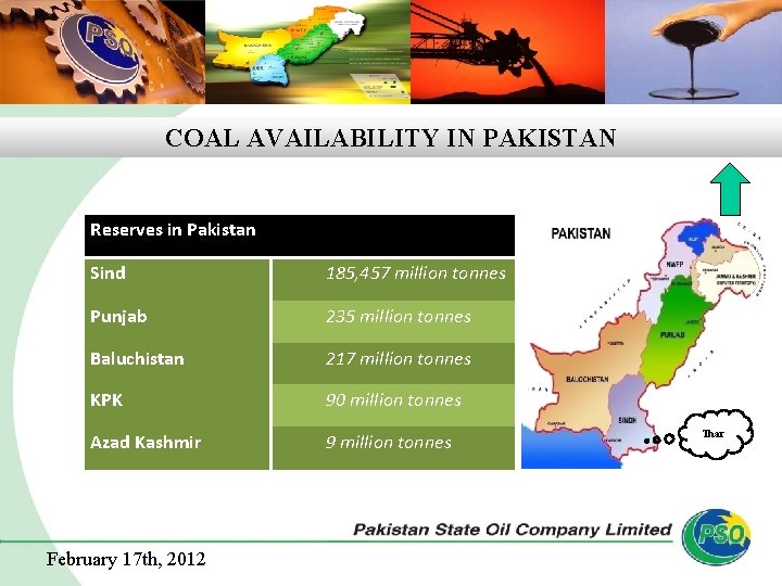 B COAL AVAILABILITY IN PAKISTAN Reserves in Pakistan Sind 185, 457 million tonnes Punjab