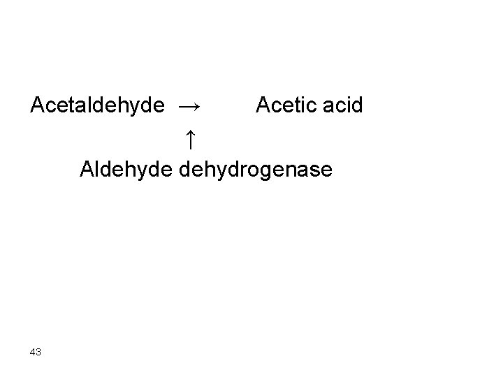 Acetaldehyde → Acetic acid ↑ Aldehyde dehydrogenase 43 