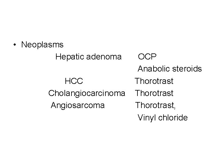  • Neoplasms Hepatic adenoma OCP Anabolic steroids HCC Thorotrast Cholangiocarcinoma Thorotrast Angiosarcoma Thorotrast,