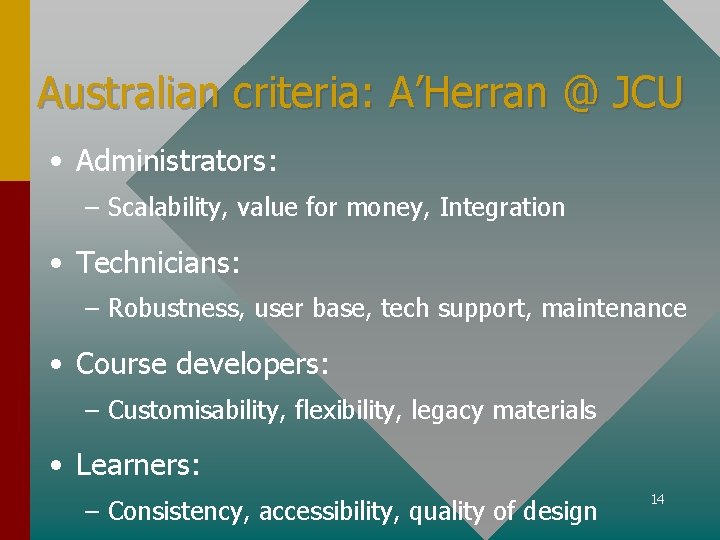 Australian criteria: A’Herran @ JCU • Administrators: – Scalability, value for money, Integration •