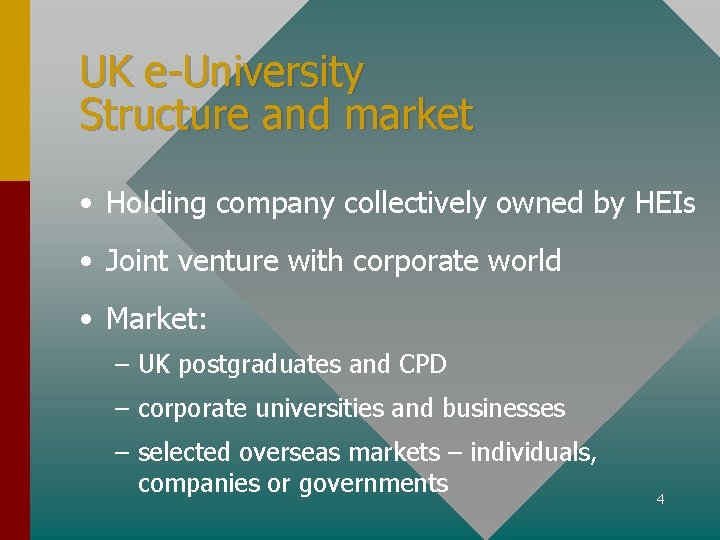 UK e-University Structure and market • Holding company collectively owned by HEIs • Joint