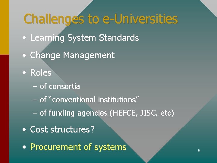 Challenges to e-Universities • Learning System Standards • Change Management • Roles – of