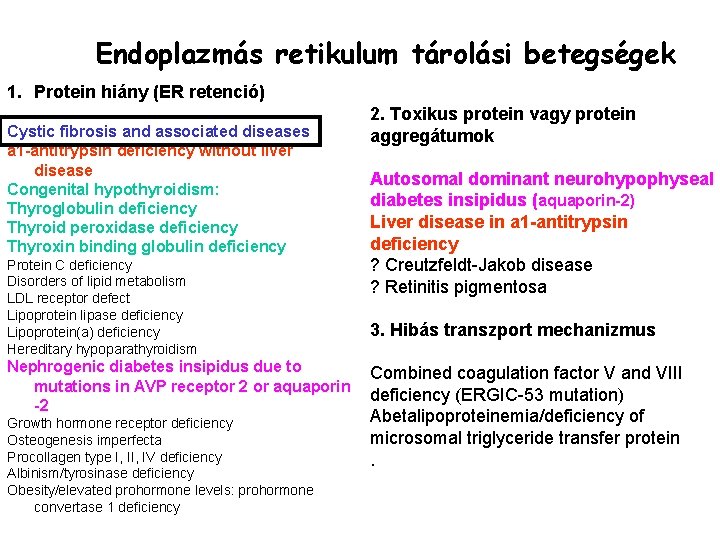 Endoplazmás retikulum tárolási betegségek 1. Protein hiány (ER retenció) Cystic fibrosis and associated diseases