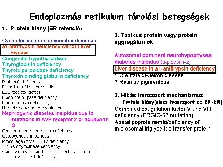 Endoplazmás retikulum tárolási betegségek 1. Protein hiány (ER retenció) Cystic fibrosis and associated diseases