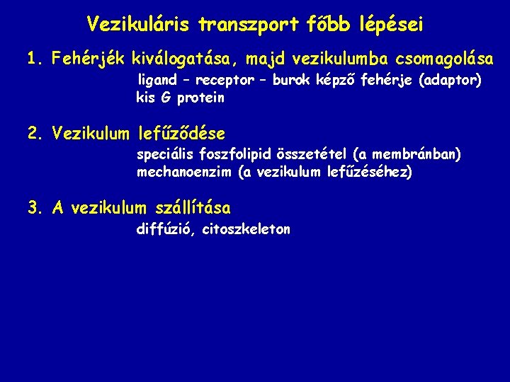 Vezikuláris transzport főbb lépései 1. Fehérjék kiválogatása, majd vezikulumba csomagolása ligand – receptor –