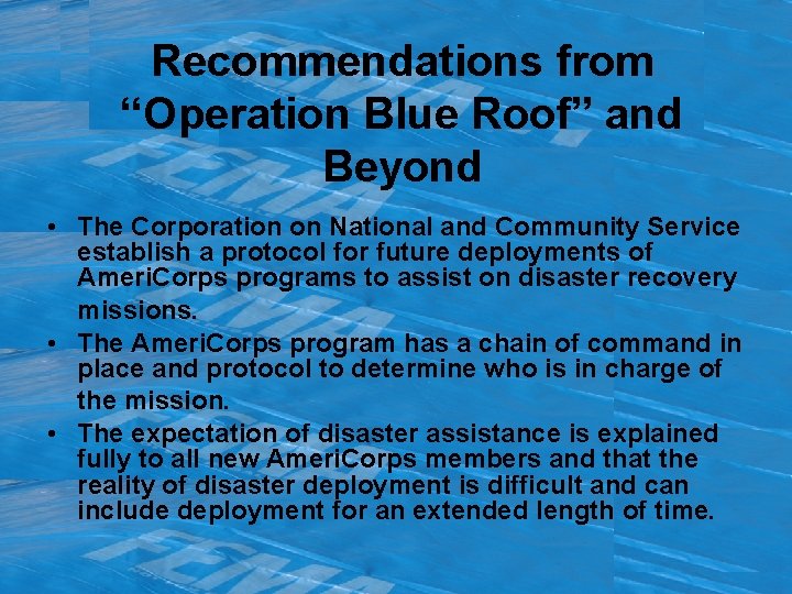 Recommendations from “Operation Blue Roof” and Beyond • The Corporation on National and Community