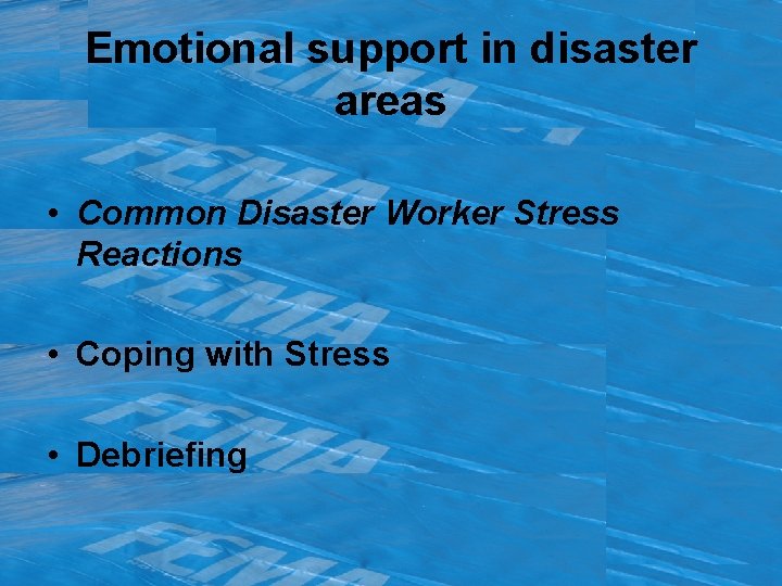 Emotional support in disaster areas • Common Disaster Worker Stress Reactions • Coping with