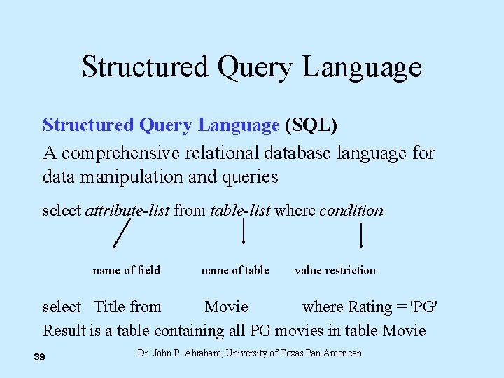 Structured Query Language (SQL) A comprehensive relational database language for data manipulation and queries