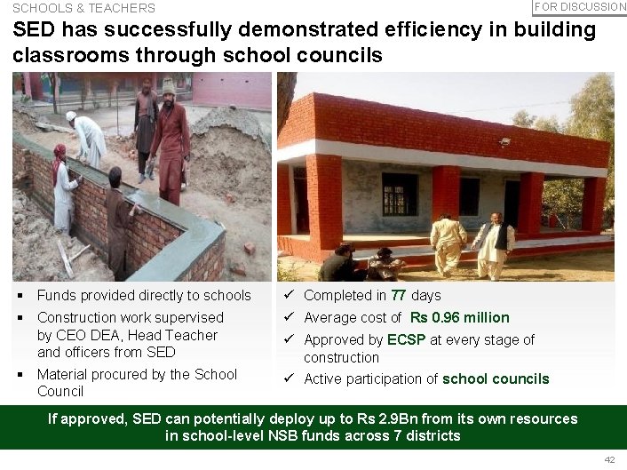 SCHOOLS & TEACHERS FOR DISCUSSION SED has successfully demonstrated efficiency in building classrooms through