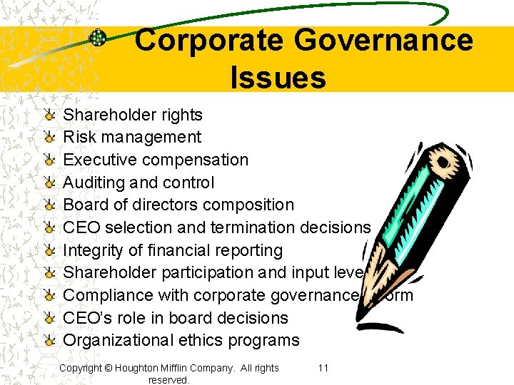 Corporate Governance Issues Shareholder rights Risk management Executive compensation Auditing and control Board of