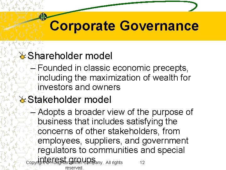 Corporate Governance Shareholder model – Founded in classic economic precepts, including the maximization of