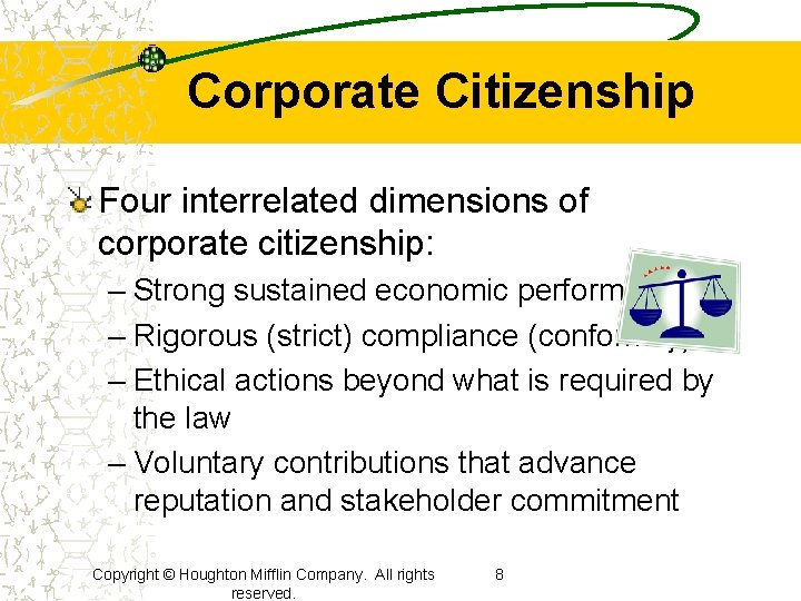 Corporate Citizenship Four interrelated dimensions of corporate citizenship: – Strong sustained economic performance –