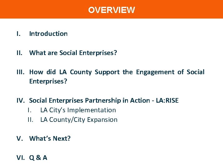 OVERVIEW I. Introduction II. What are Social Enterprises? III. How did LA County Support