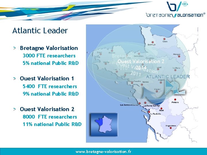 Atlantic Leader Bretagne Valorisation 3000 FTE researchers 5% national Public R&D Ouest Valorisation 1