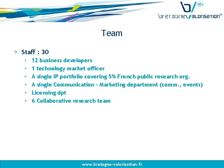 Team Staff : 30 • • • 12 business developers 1 technology market officer