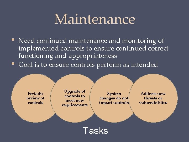 Maintenance • • Need continued maintenance and monitoring of implemented controls to ensure continued