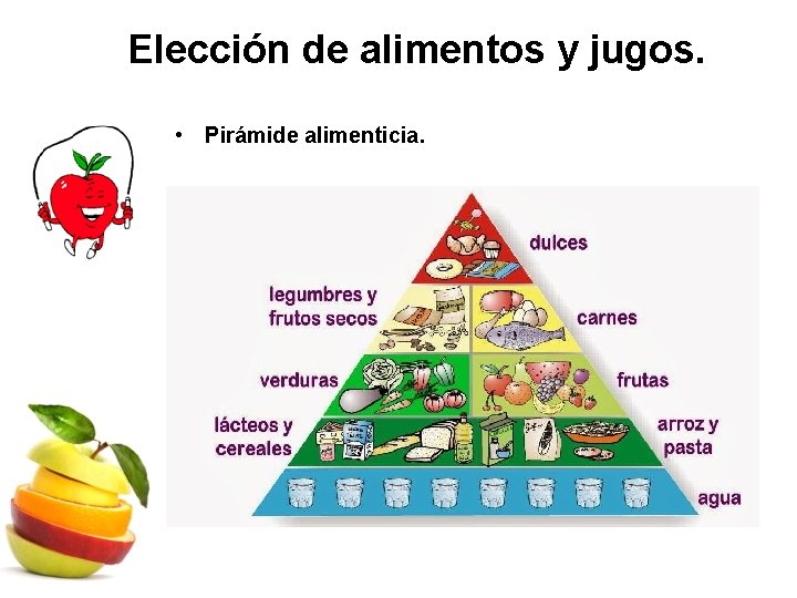 Elección de alimentos y jugos. • Pirámide alimenticia. 