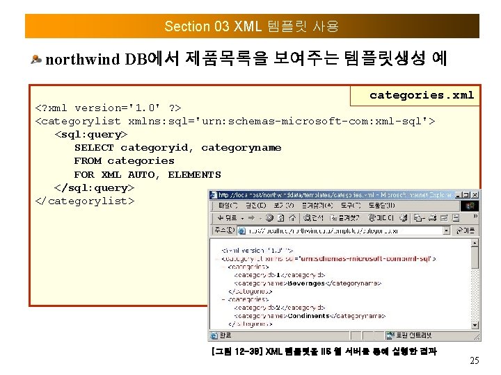 Section 03 XML 템플릿 사용 northwind DB에서 제품목록을 보여주는 템플릿생성 예 categories. xml <?