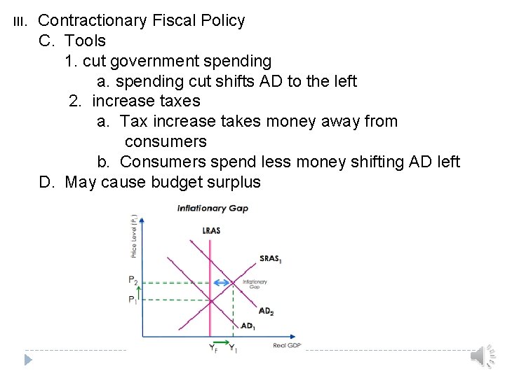 III. Contractionary Fiscal Policy C. Tools 1. cut government spending a. spending cut shifts