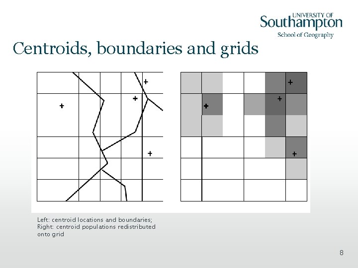 Centroids, boundaries and grids Left: centroid locations and boundaries; Right: centroid populations redistributed onto
