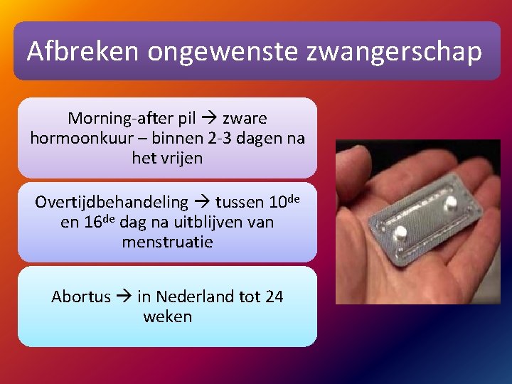 Afbreken ongewenste zwangerschap Morning-after pil zware hormoonkuur – binnen 2 -3 dagen na het