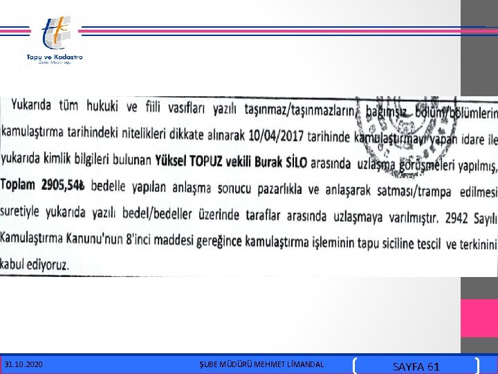  31. 10. 2020 ŞUBE MÜDÜRÜ MEHMET LİMANDAL SAYFA 61 