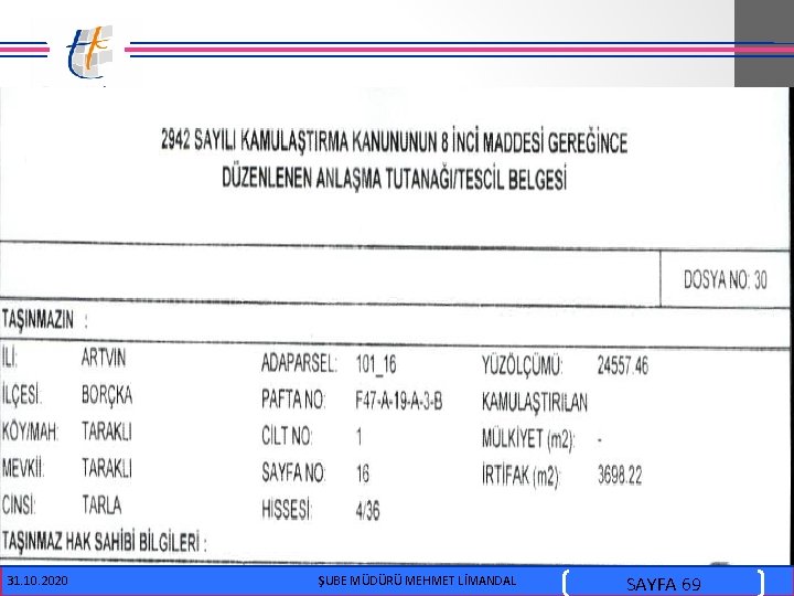  . 31. 10. 2020 ŞUBE MÜDÜRÜ MEHMET LİMANDAL SAYFA 69 