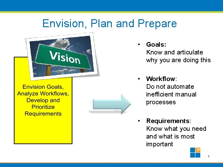 Envision, Plan and Prepare • Goals: Know and articulate why you are doing this