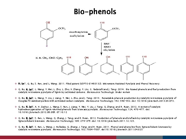 Bio-phenols v H. Lei*, Q. Bu, S. Ren, and L. Wang. 2011. Filed patent