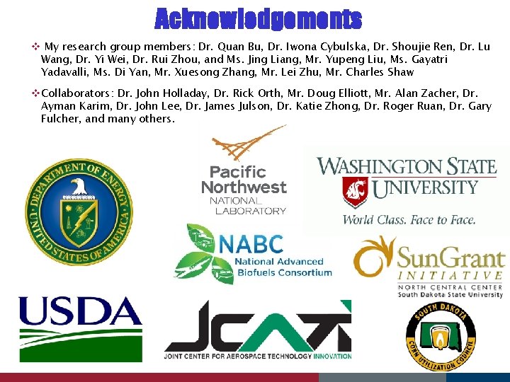 Acknowledgements v My research group members: Dr. Quan Bu, Dr. Iwona Cybulska, Dr. Shoujie