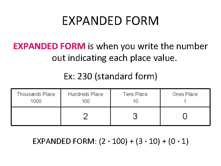 EXPANDED FORM is when you write the number out indicating each place value. Ex: