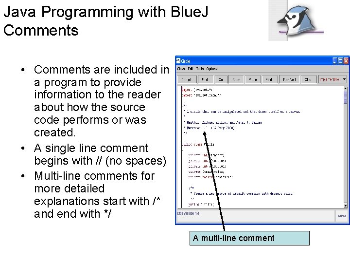 Java Programming with Blue. J Comments • Comments are included in a program to