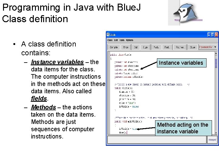 Programming in Java with Blue. J Class definition • A class definition contains: –