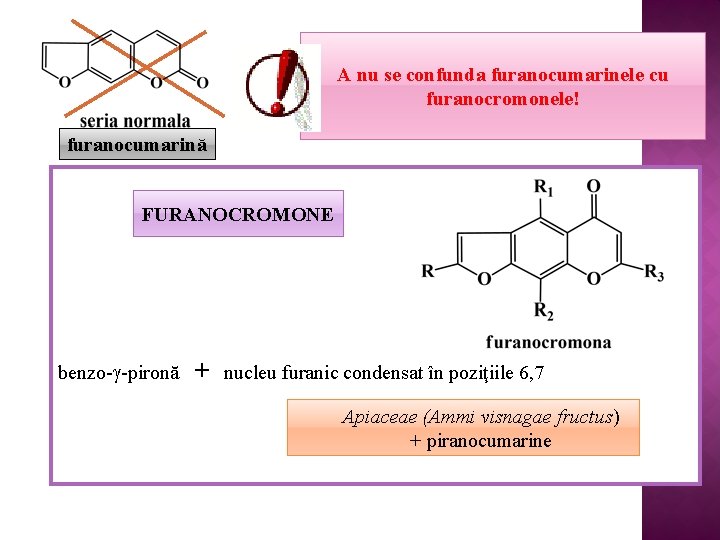 A nu se confunda furanocumarinele cu furanocromonele! furanocumarină FURANOCROMONE benzo- -pironă + nucleu furanic