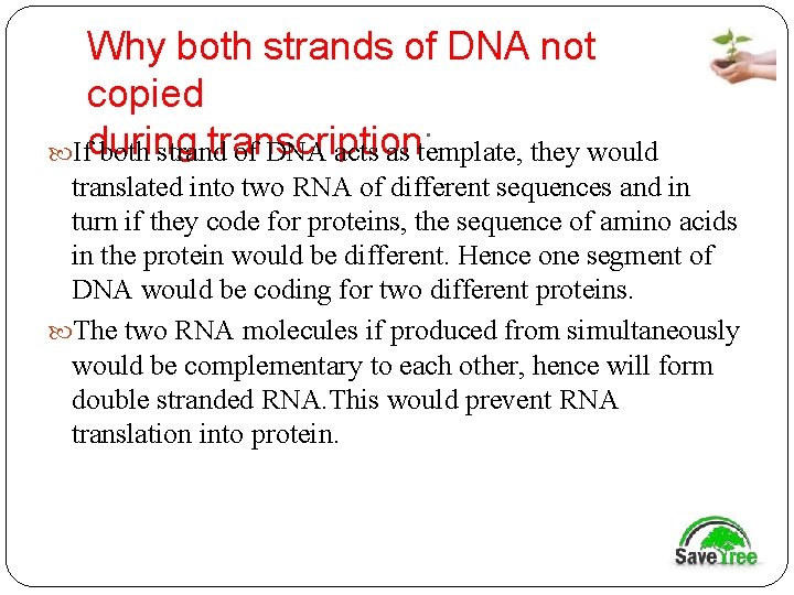 Why both strands of DNA not copied transcription: Ifduring both strand of DNA acts