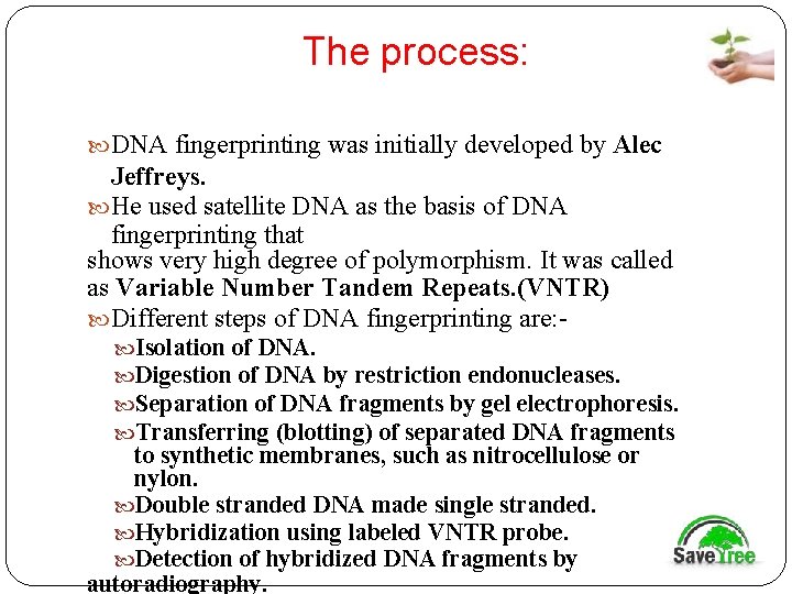 The process: DNA fingerprinting was initially developed by Alec Jeffreys. He used satellite DNA