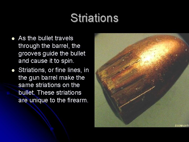 Striations l l As the bullet travels through the barrel, the grooves guide the