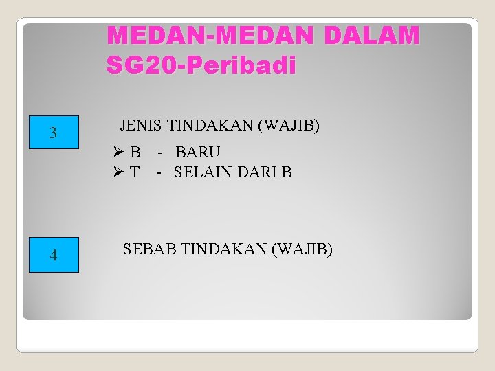 MEDAN-MEDAN DALAM SG 20 -Peribadi 3 JENIS TINDAKAN (WAJIB) Ø B - BARU Ø