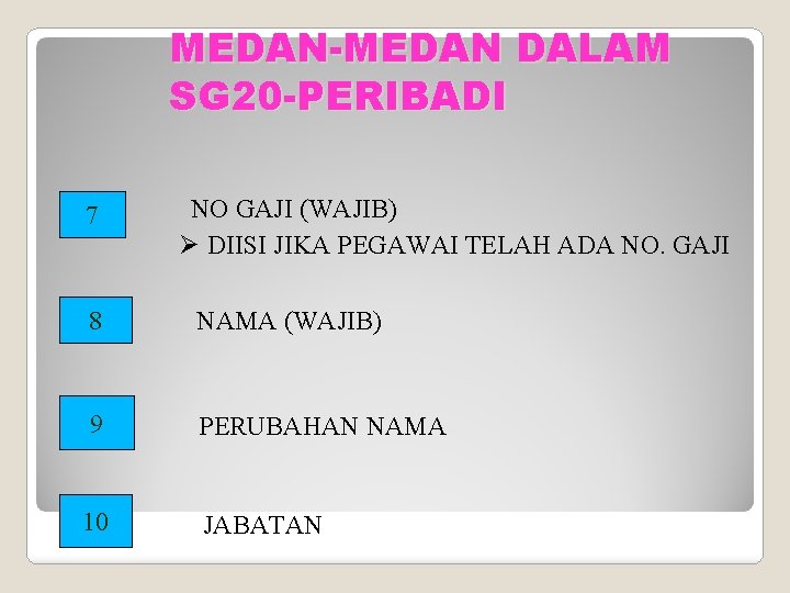 MEDAN-MEDAN DALAM SG 20 -PERIBADI 7 NO GAJI (WAJIB) Ø DIISI JIKA PEGAWAI TELAH