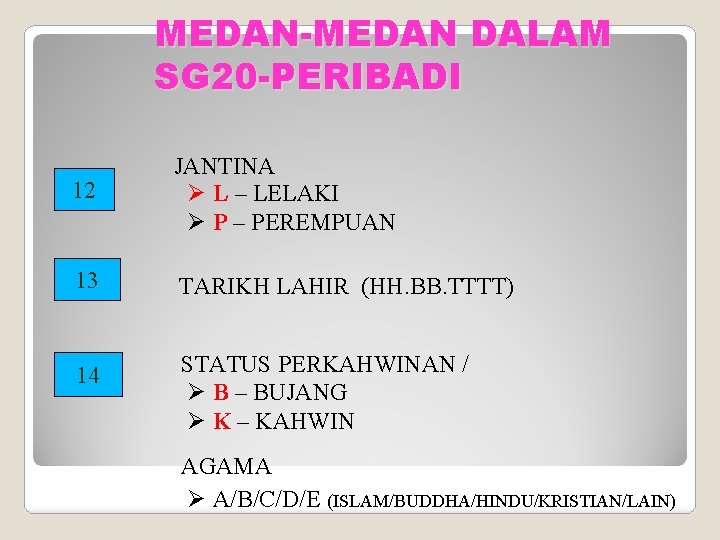 MEDAN-MEDAN DALAM SG 20 -PERIBADI 12 JANTINA Ø L – LELAKI Ø P –