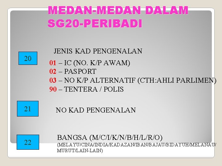 MEDAN-MEDAN DALAM SG 20 -PERIBADI 20 21 22 JENIS KAD PENGENALAN 01 – IC