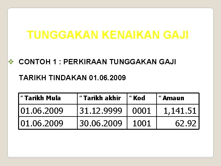 TUNGGAKAN KENAIKAN GAJI v CONTOH 1 : PERKIRAAN TUNGGAKAN GAJI TARIKH TINDAKAN 01. 06.