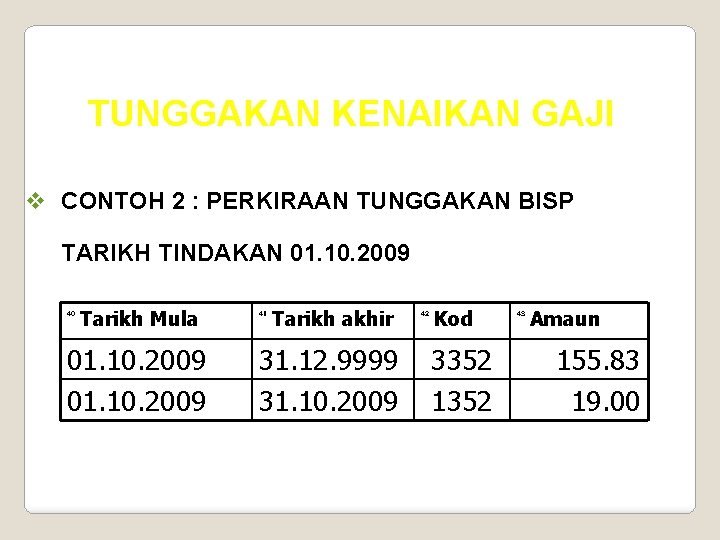 TUNGGAKAN KENAIKAN GAJI v CONTOH 2 : PERKIRAAN TUNGGAKAN BISP TARIKH TINDAKAN 01. 10.