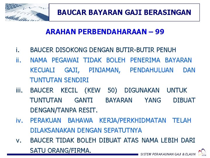 BAUCAR BAYARAN GAJI BERASINGAN ARAHAN PERBENDAHARAAN – 99 i. ii. BAUCER DISOKONG DENGAN BUTIR-BUTIR